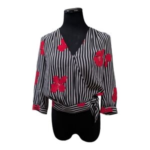 Madewell Tan Black Striped Snap Wrap Blouse Red Flowers Button Cuff Size XS